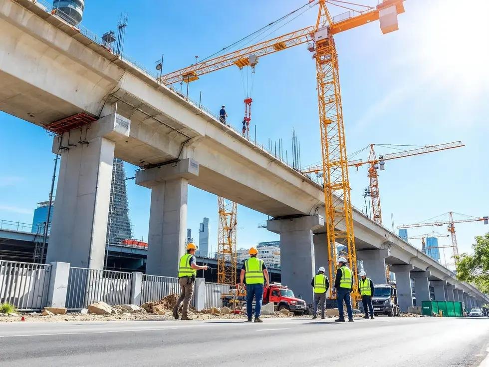 Construction crew in hi-vis and hard hats beneath an elevated viaduct under construction, with tower cranes above